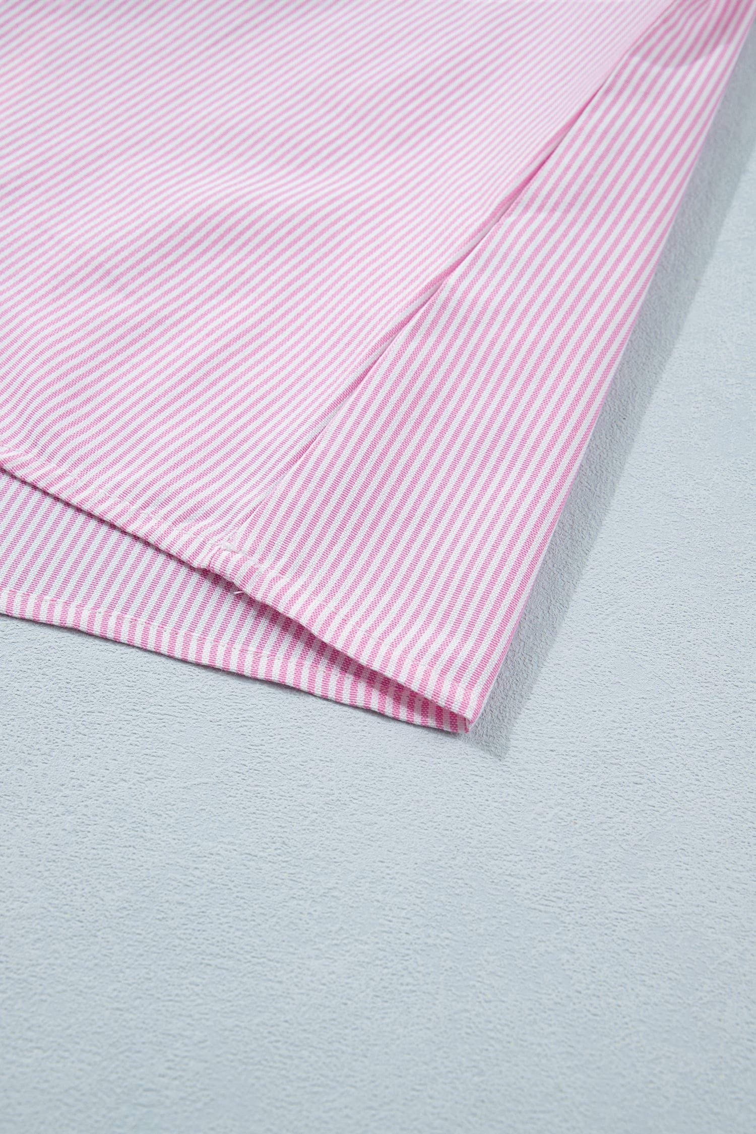 Pink Striped Print Collared Split Neck Half Sleeve Blouse