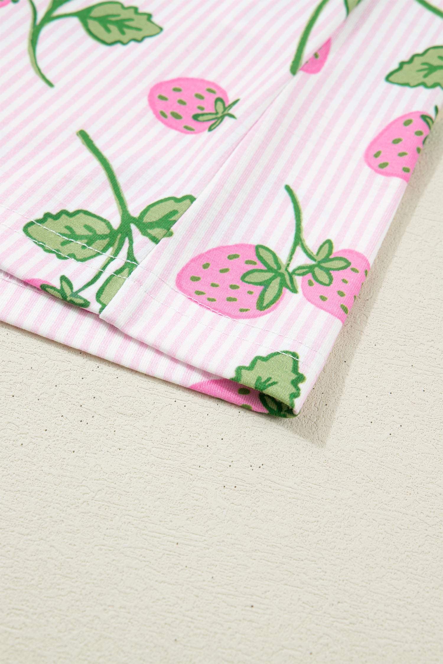 Pink Striped Strawberry Print Lapel Shirt Drawstring Shorts 2pcs Pajama Set