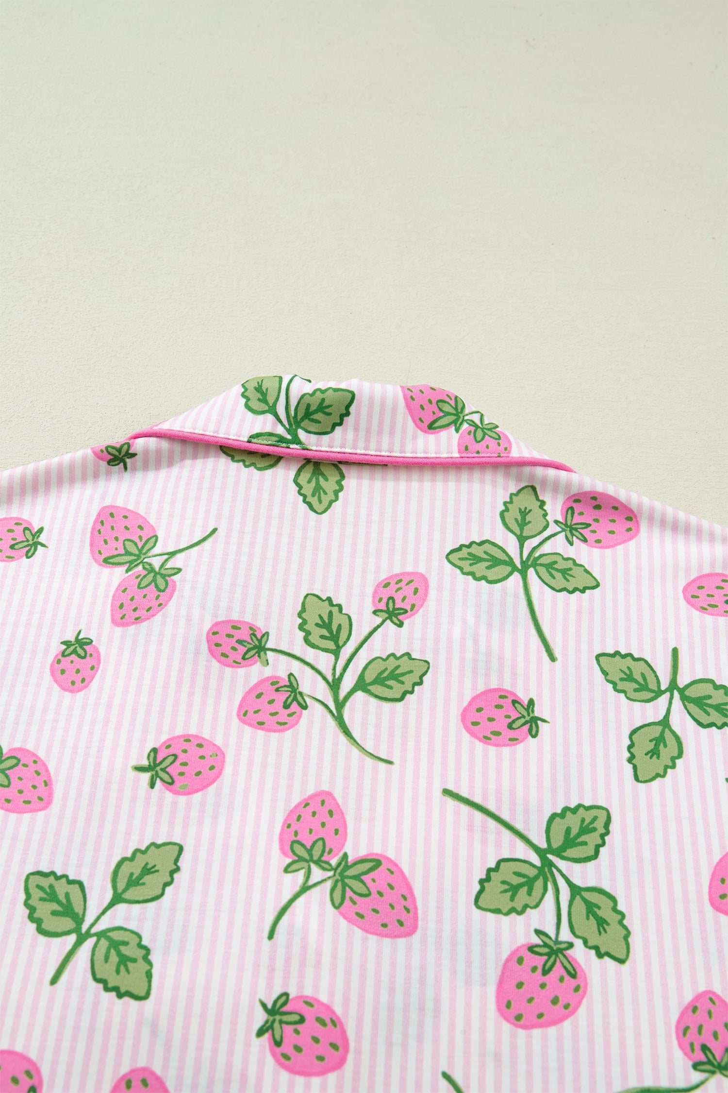 Pink Striped Strawberry Print Lapel Shirt Drawstring Shorts 2pcs Pajama Set