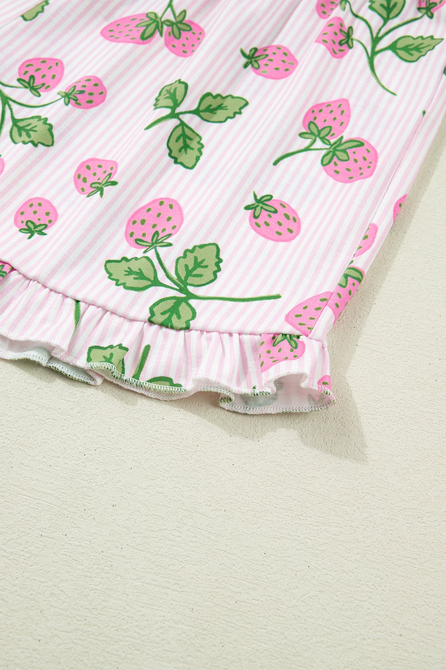Pink Striped Strawberry Print Lapel Shirt Drawstring Shorts 2pcs Pajama Set