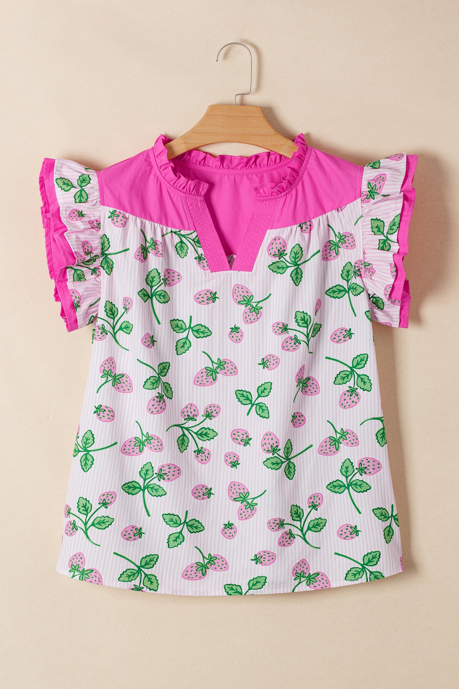 Pink Striped Strawberry Printed Color Block Patchwork V Neck Flutter Sleeve Blouse