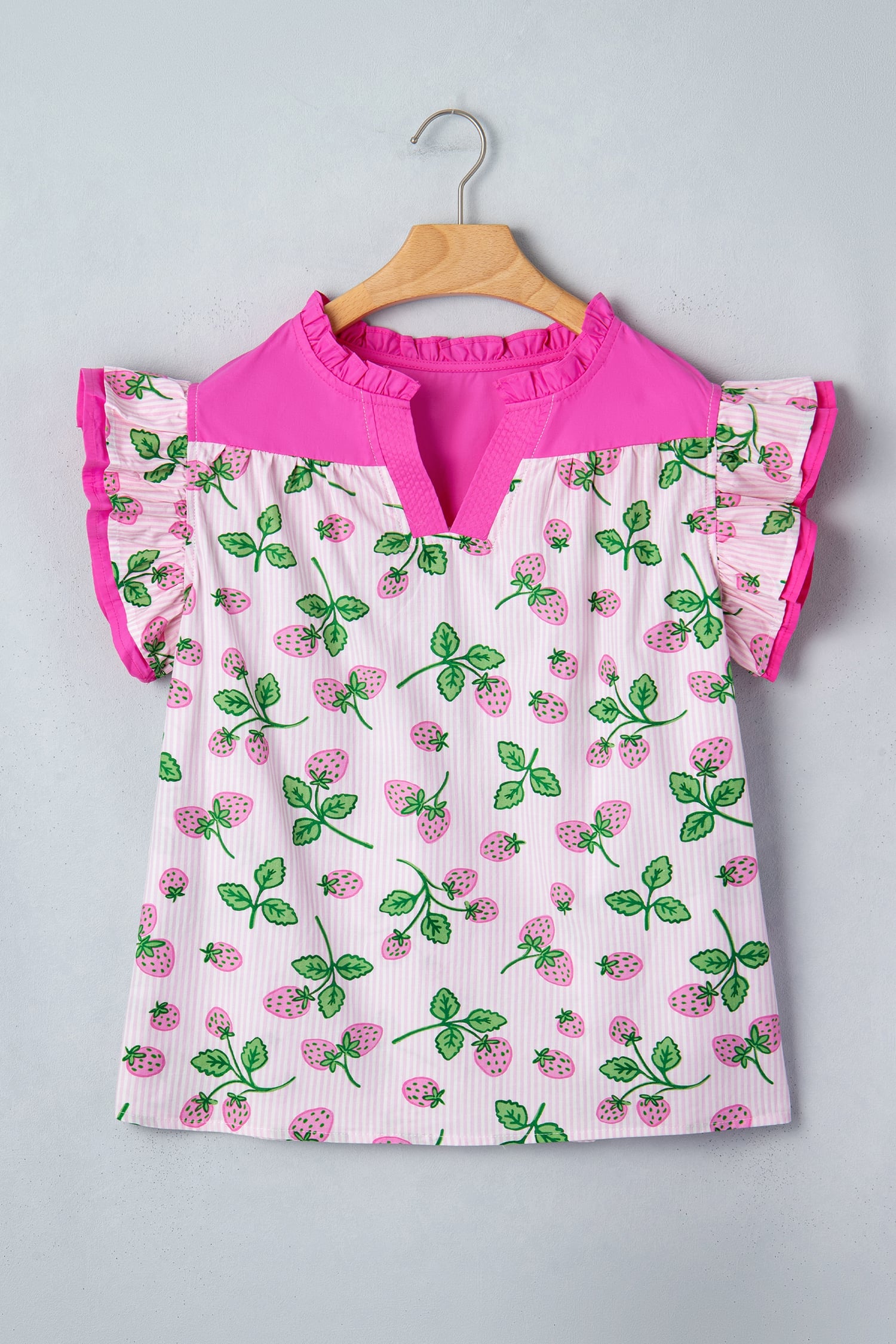 Pink Striped Strawberry Printed Color Block Patchwork V Neck Flutter Sleeve Blouse
