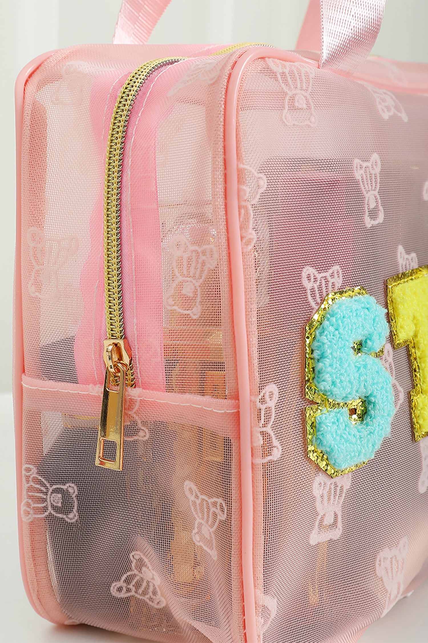 Pink STUFF Chenille Letter Patched Teddy Bear Mesh Lightweight Makeup Bag