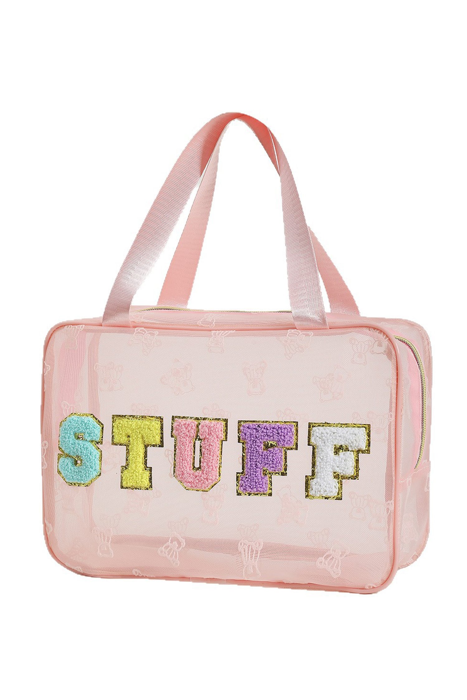 Pink STUFF Chenille Letter Patched Teddy Bear Mesh Lightweight Makeup Bag