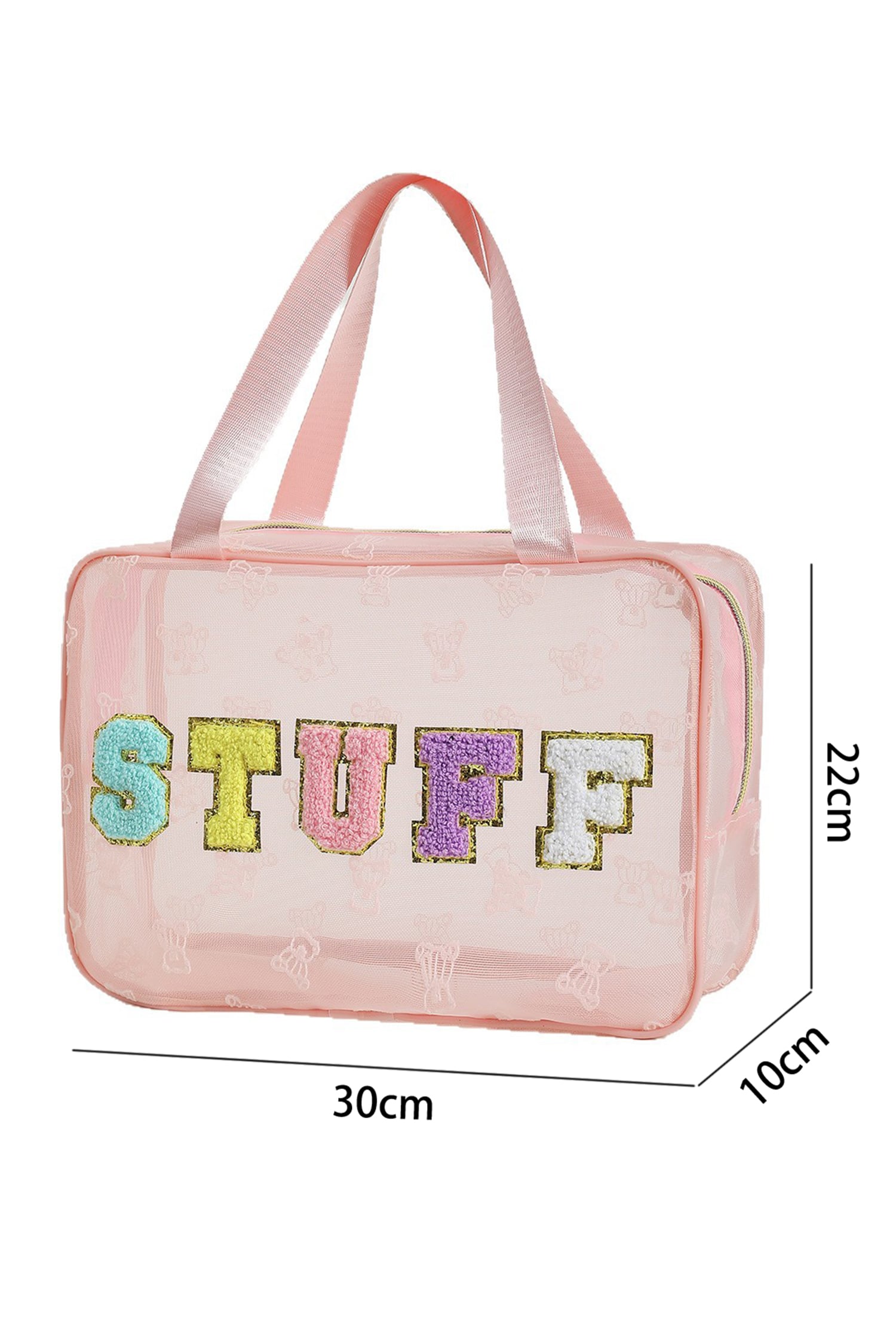 Pink STUFF Chenille Letter Patched Teddy Bear Mesh Lightweight Makeup Bag