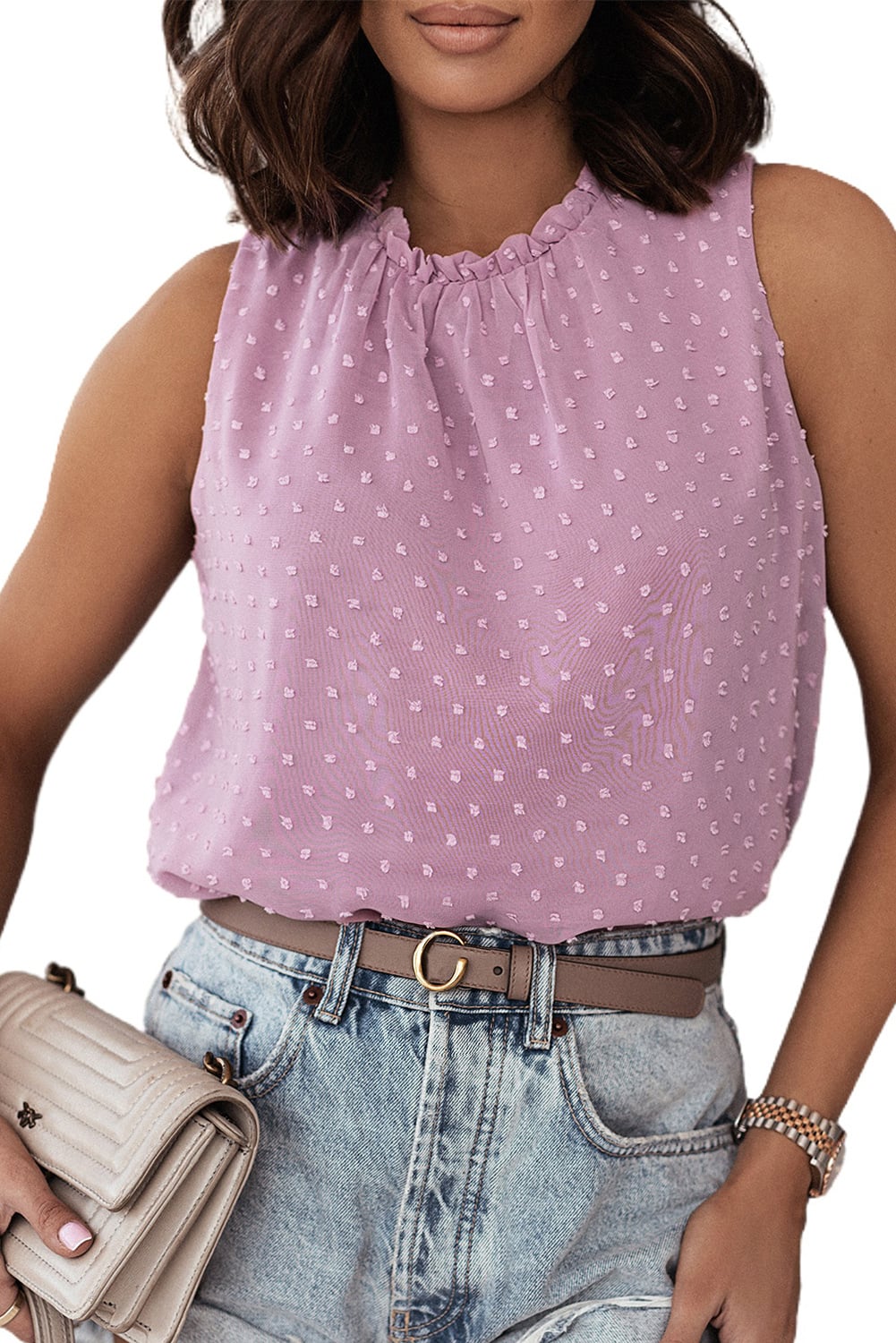 Pink Swiss Dot Sleeveless Ruffle Tank