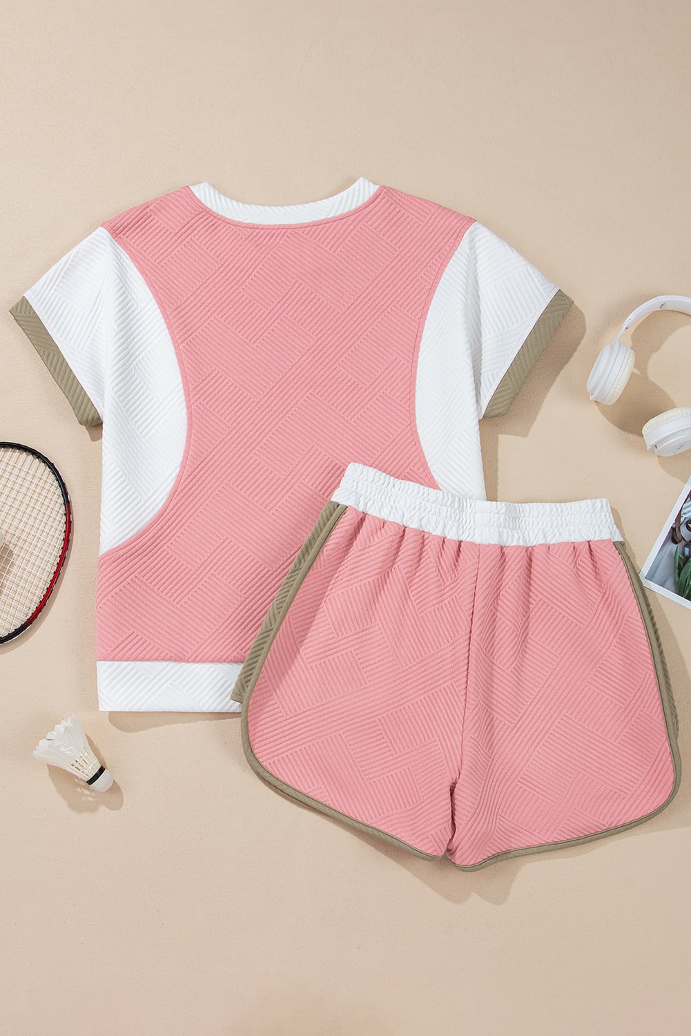 Pink Textured Colorblock Patchwork Tee Two Piece Shorts Set