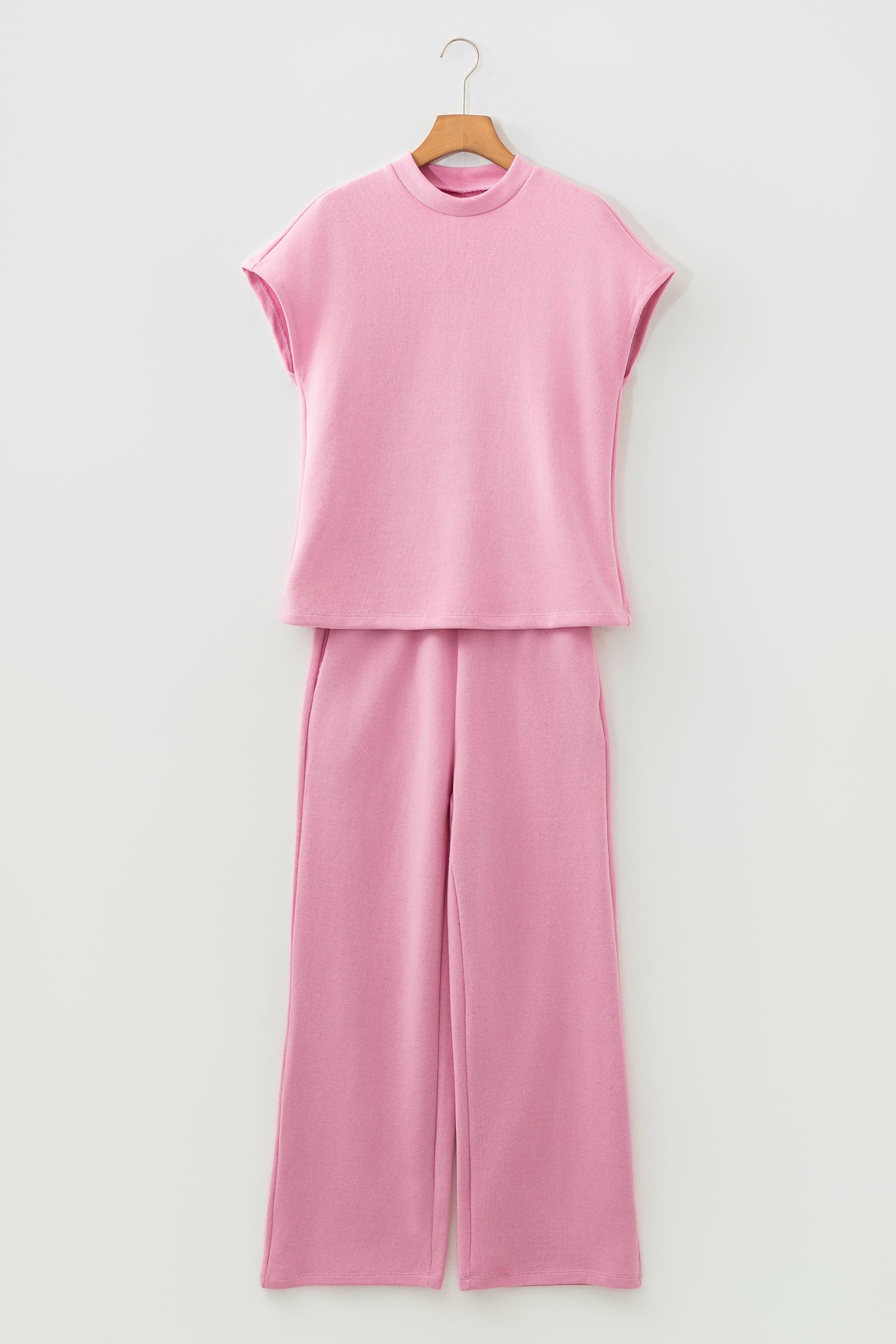 Pink Textured Knit High Neck Loose Tee Elastic Waist Loose Pant Set
