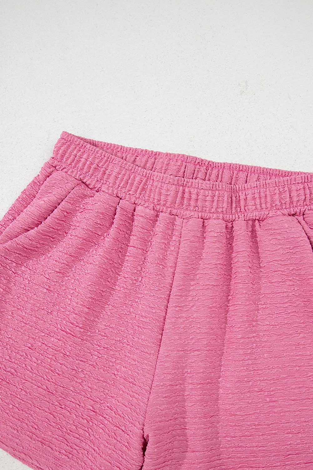 Pink Textured V Neck T Shirt and Shorts Set