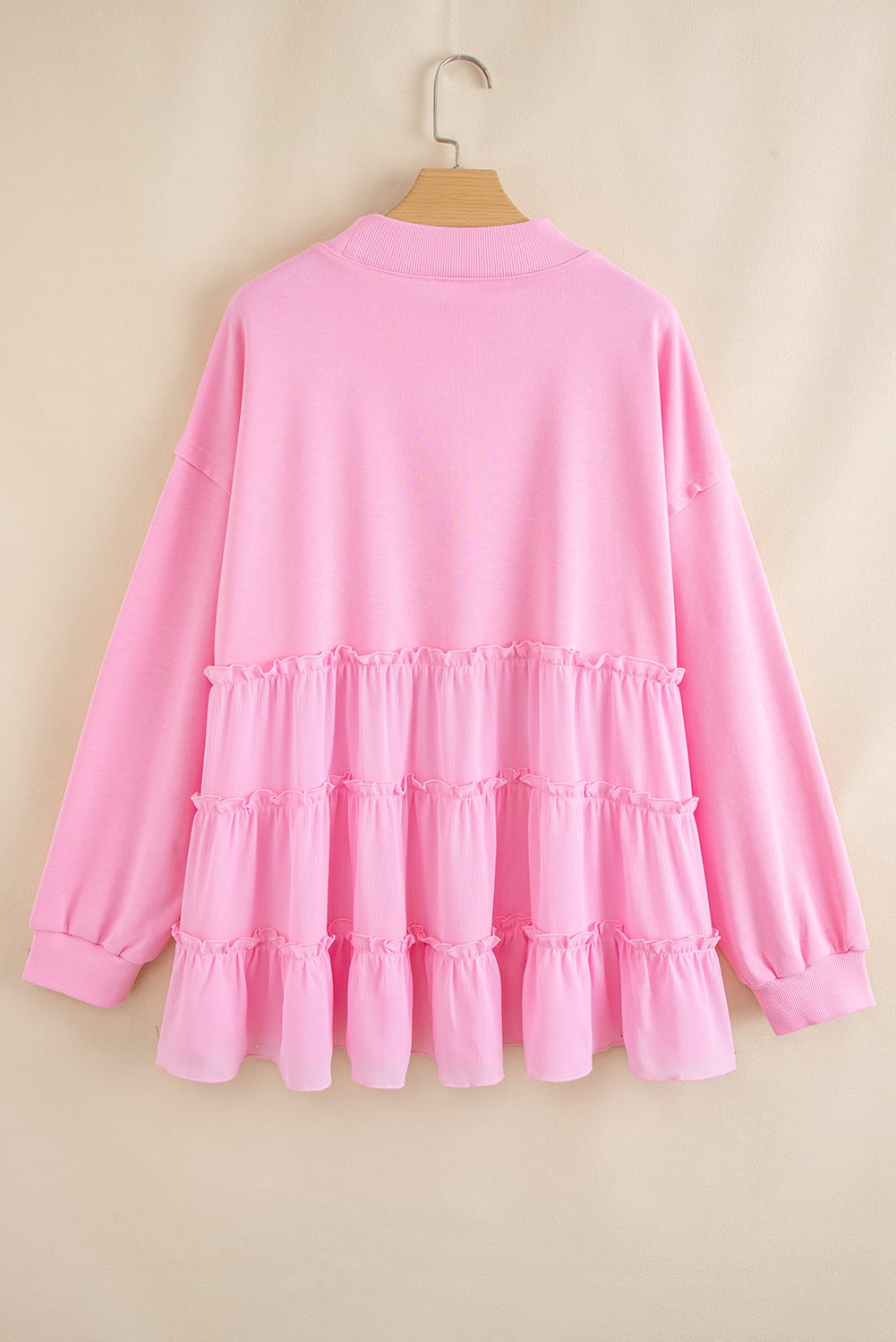 Pink Tiered Ruffle Ribbed Crew Neck Pullover Plus Size Top