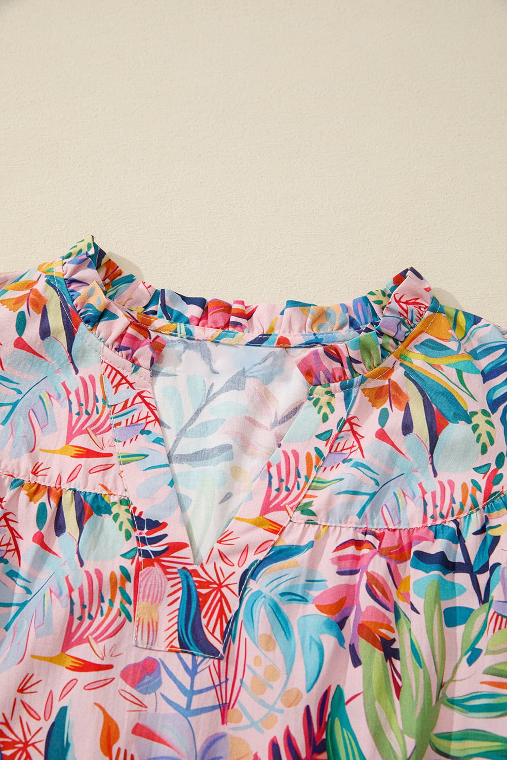 Pink Tropical Floral Print Frilly Notched Neck Ruffled Short Sleeve Blouse