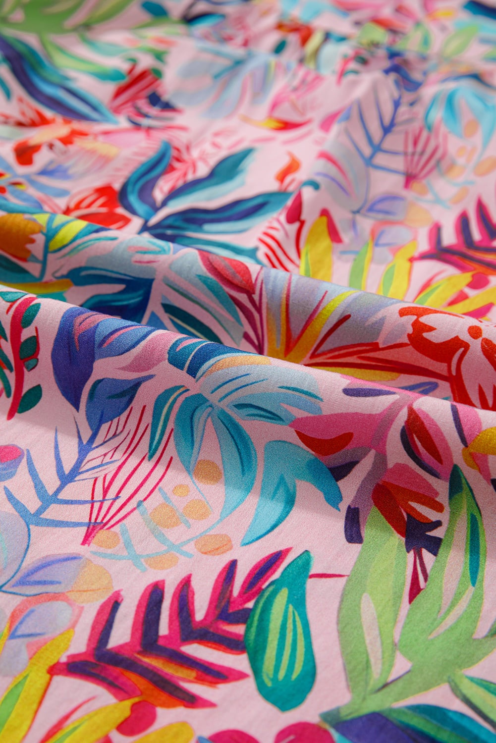 Pink Tropical Floral Print Frilly Notched Neck Ruffled Short Sleeve Blouse