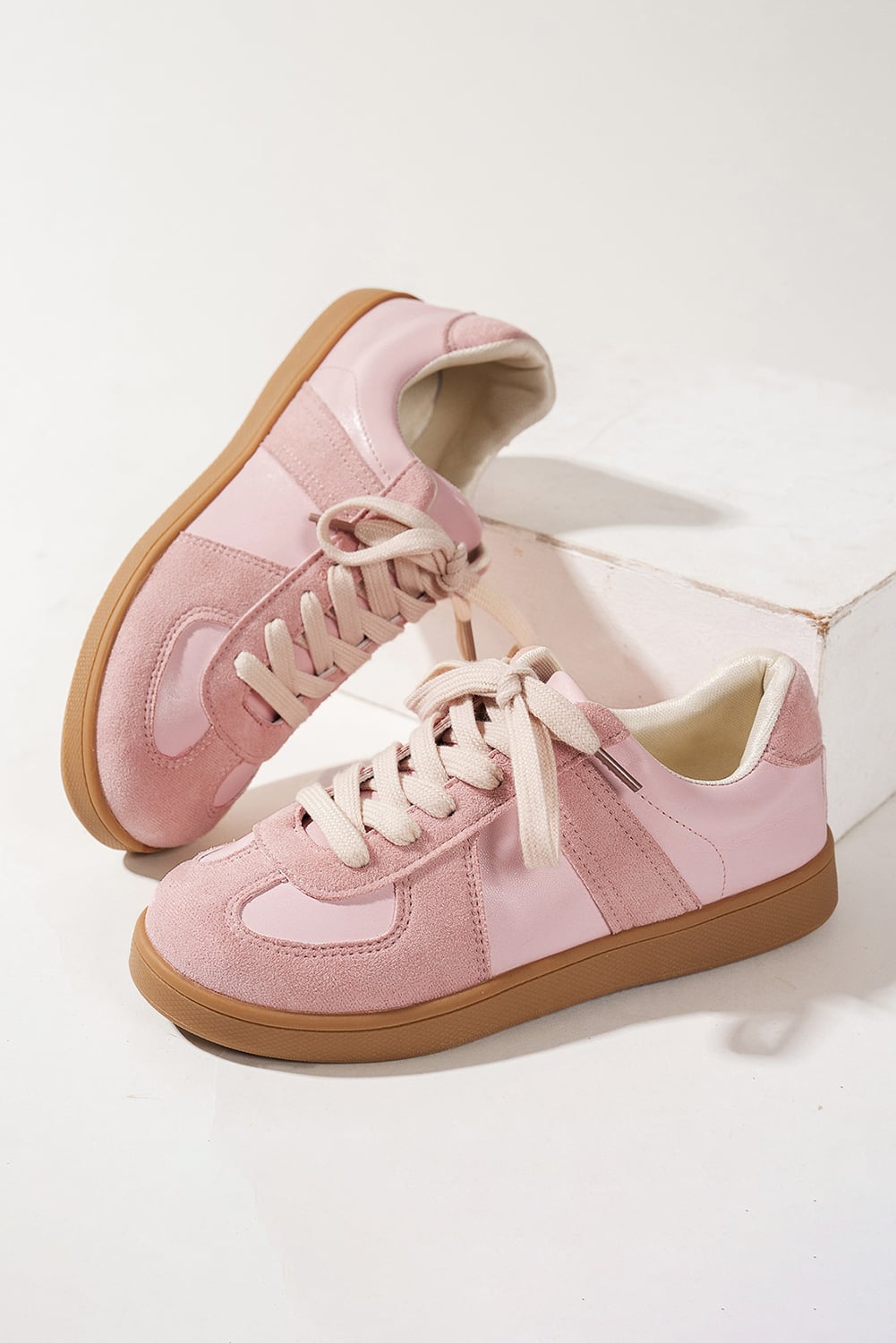 Pink Two Tone Faux Suede Leather Patched Lace-up Sneakers