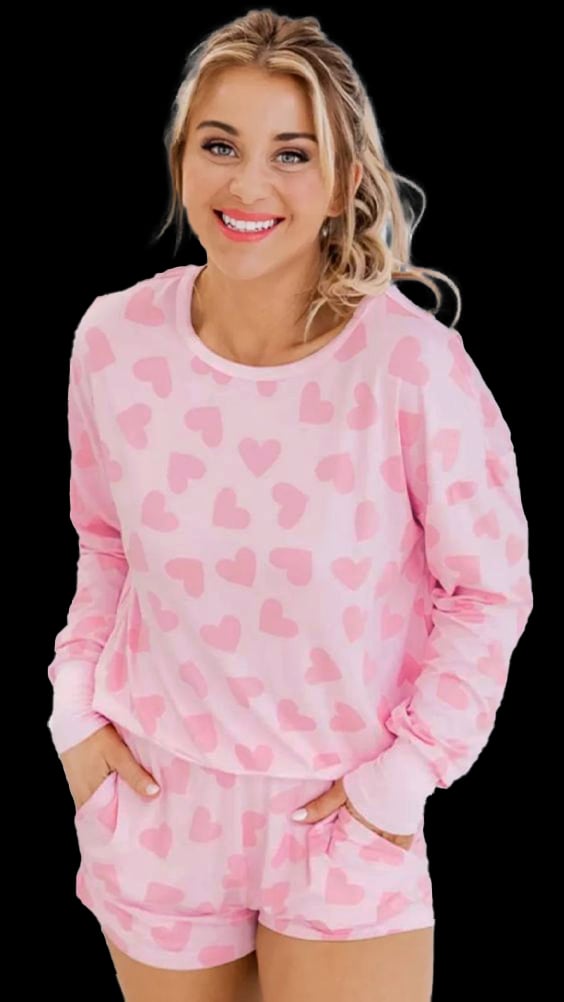 Pink Valentine Heart Shape Print Long Sleeve Top Shorts Lounge Set