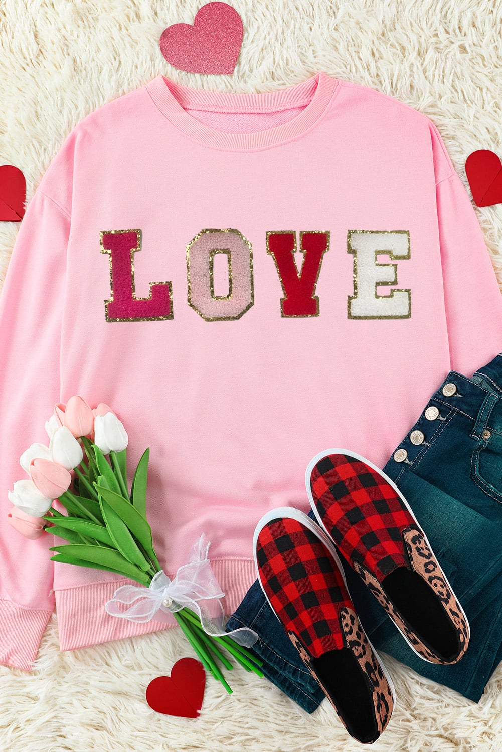 Pink Valentine LOVE Chenille Embroidered Sweatshirt