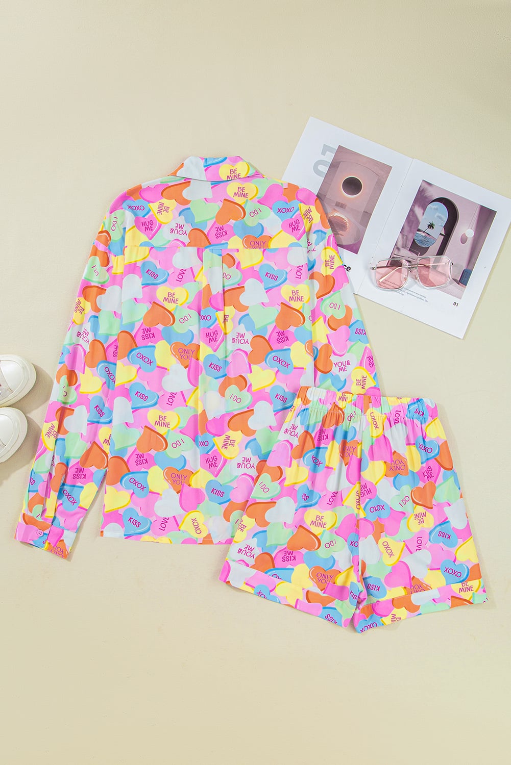Pink Valentines Candy Heart V Neck Collared Tunic Shirt and Shorts 2pcs Pajama Set