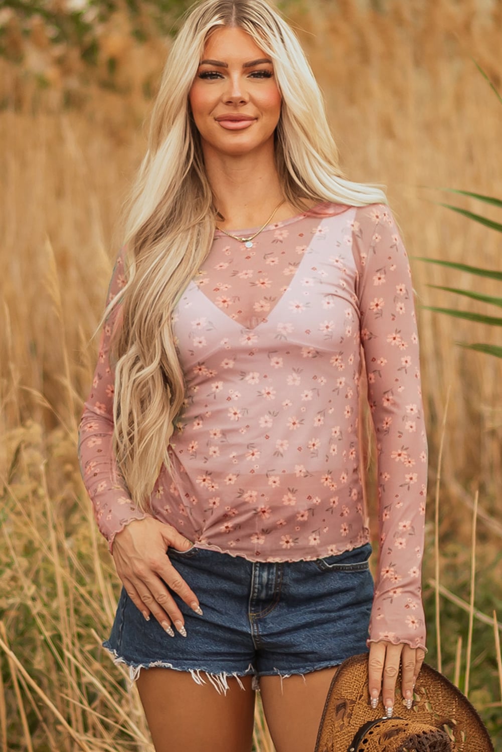 Pink Vintage Floral Print Southern Style Mesh Long Sleeve Top