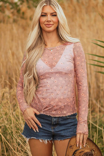 Pink Vintage Floral Print Southern Style Mesh Long Sleeve Top