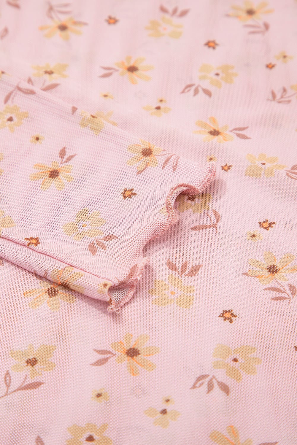 Pink Vintage Floral Print Southern Style Mesh Long Sleeve Top