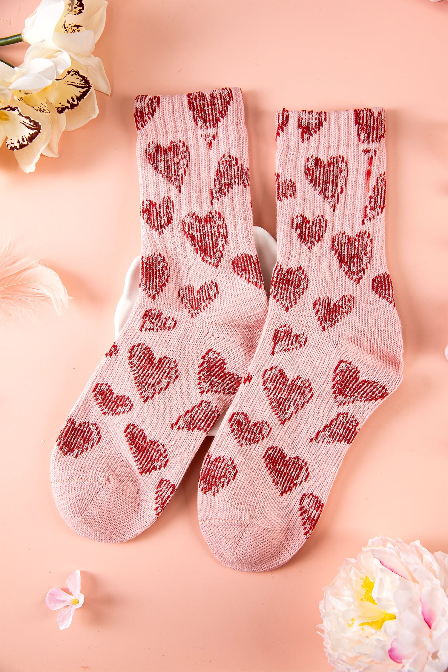 Pink Vintage Heart Pattern Combed Cotton Socks