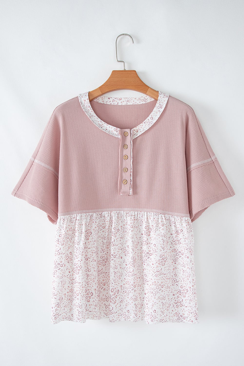 Pink Waffle Floral Patchwork Exposed Seam Detail Short Sleeve Top