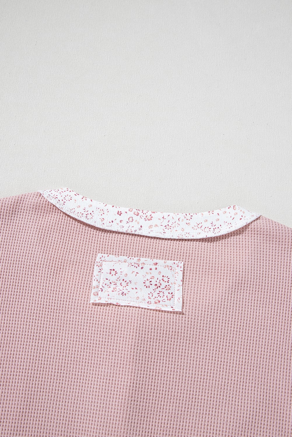 Pink Waffle Floral Patchwork Exposed Seam Detail Short Sleeve Top