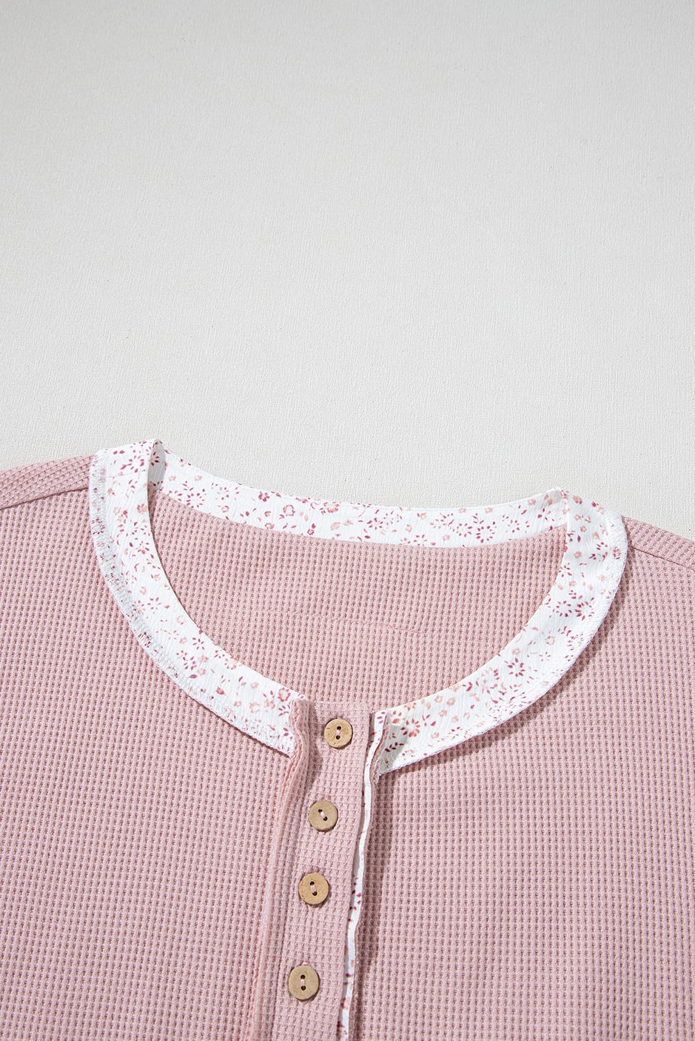 Pink Waffle Floral Patchwork Exposed Seam Detail Short Sleeve Top