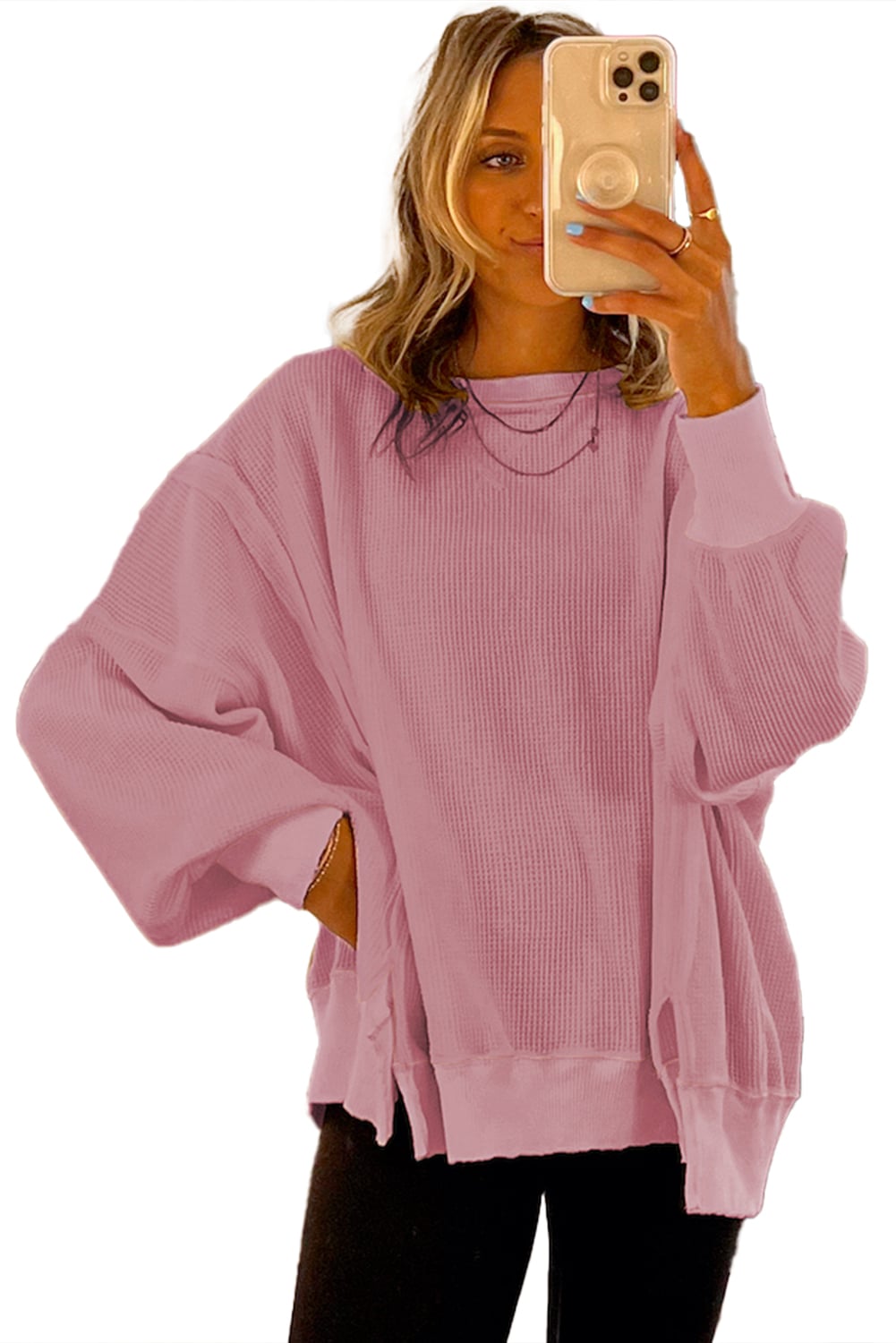 Pink Waffle knit Bishop Sleeve Split Oversized Top
