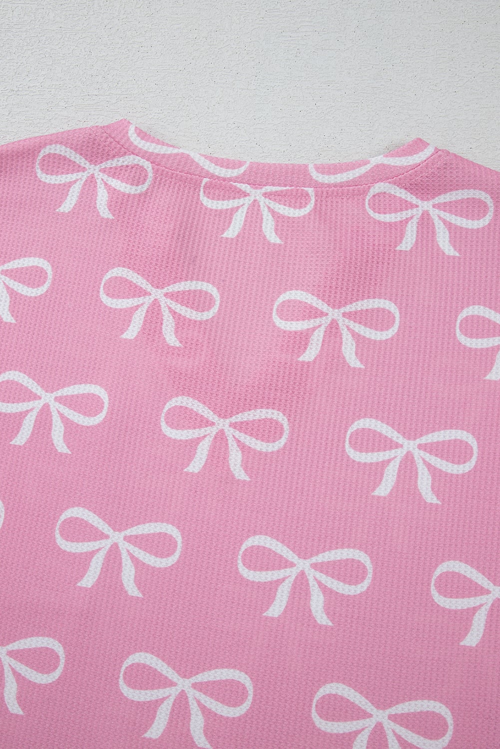 Pink Waffle Knit Bowknot Printed V Neck T Shirt and Shorts Set