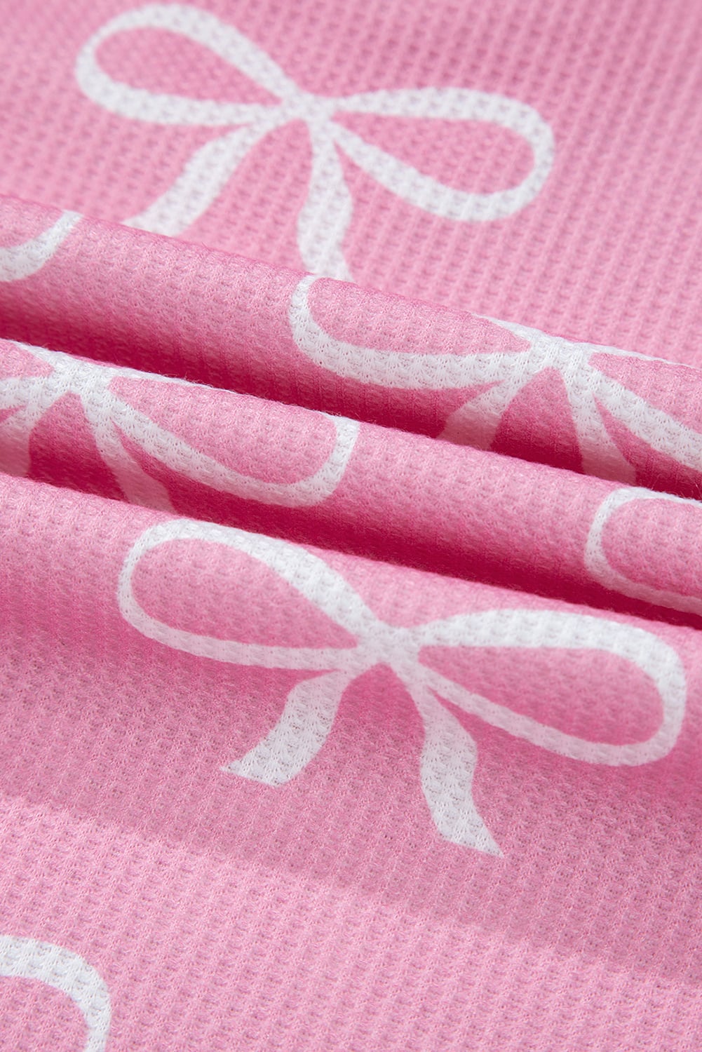 Pink Waffle Knit Bowknot Printed V Neck T Shirt and Shorts Set
