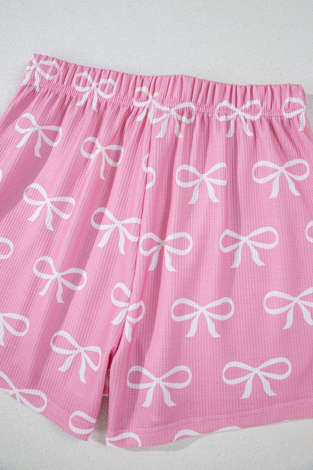 Pink Waffle Knit Bowknot Printed V Neck T Shirt and Shorts Set