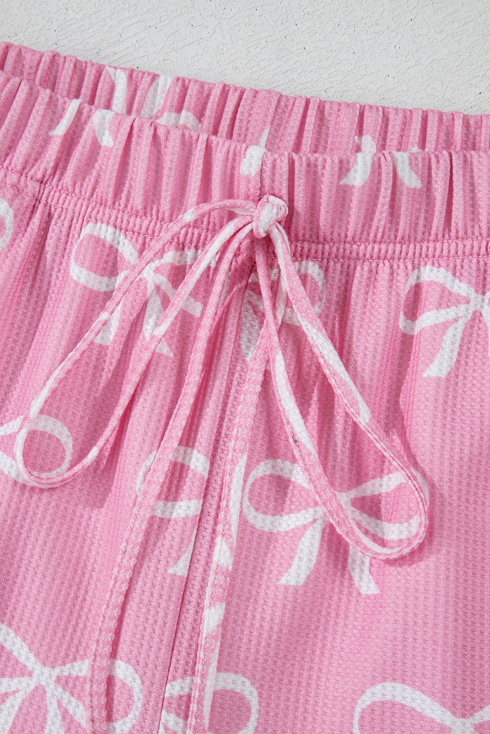 Pink Waffle Knit Bowknot Printed V Neck T Shirt and Shorts Set