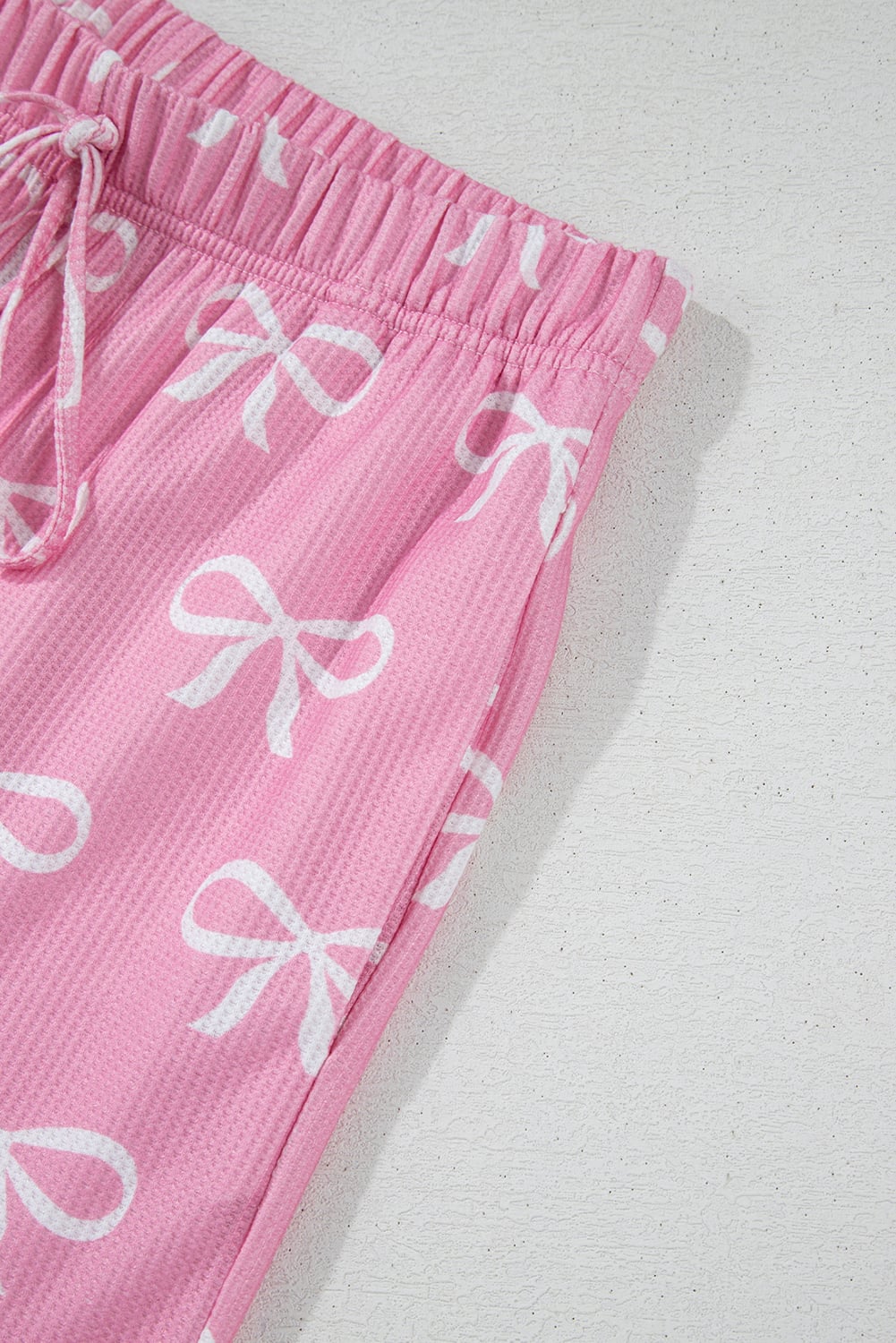 Pink Waffle Knit Bowknot Printed V Neck T Shirt and Shorts Set