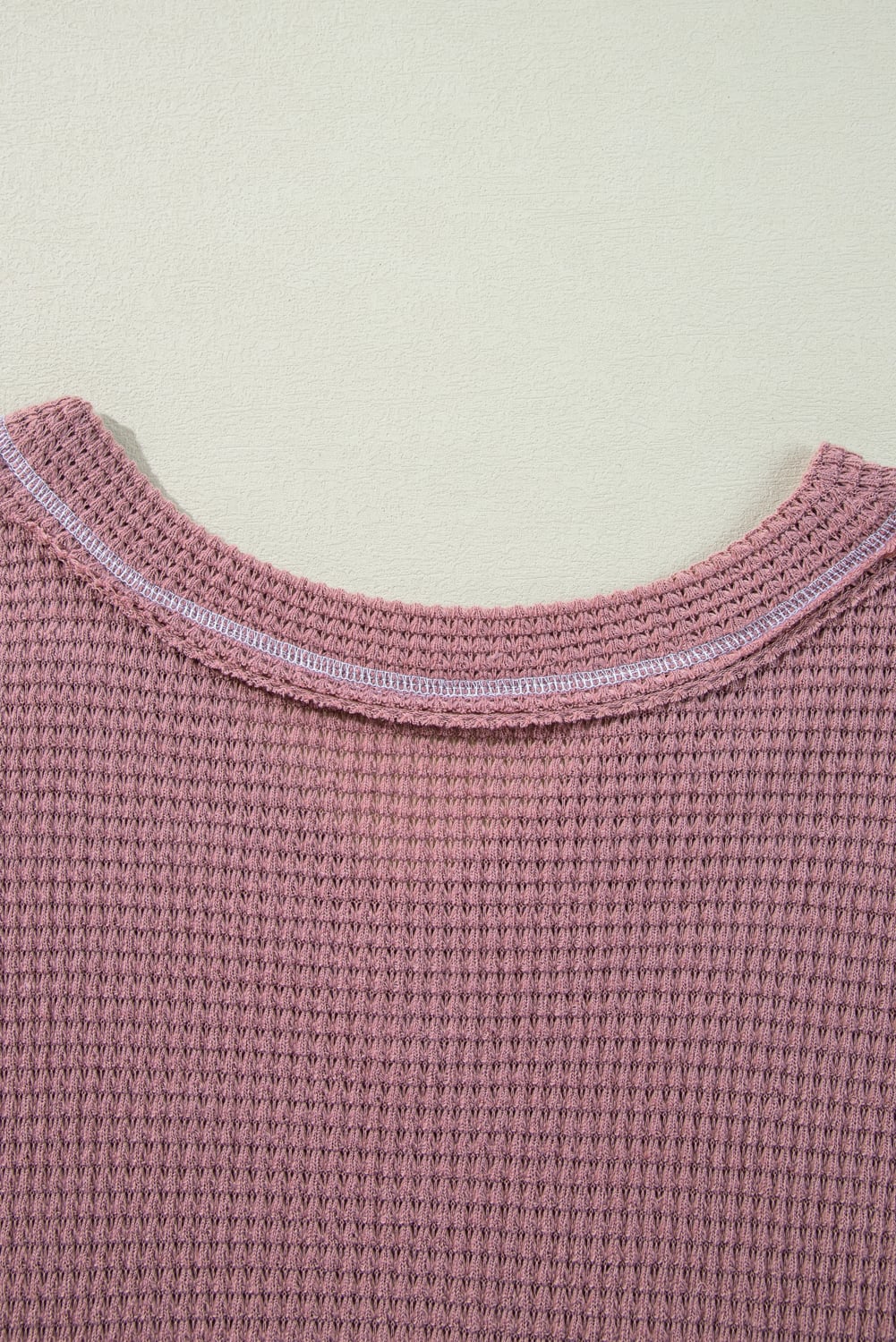 Pink Waffle Knit V Neck Long Sleeve Babydoll Top