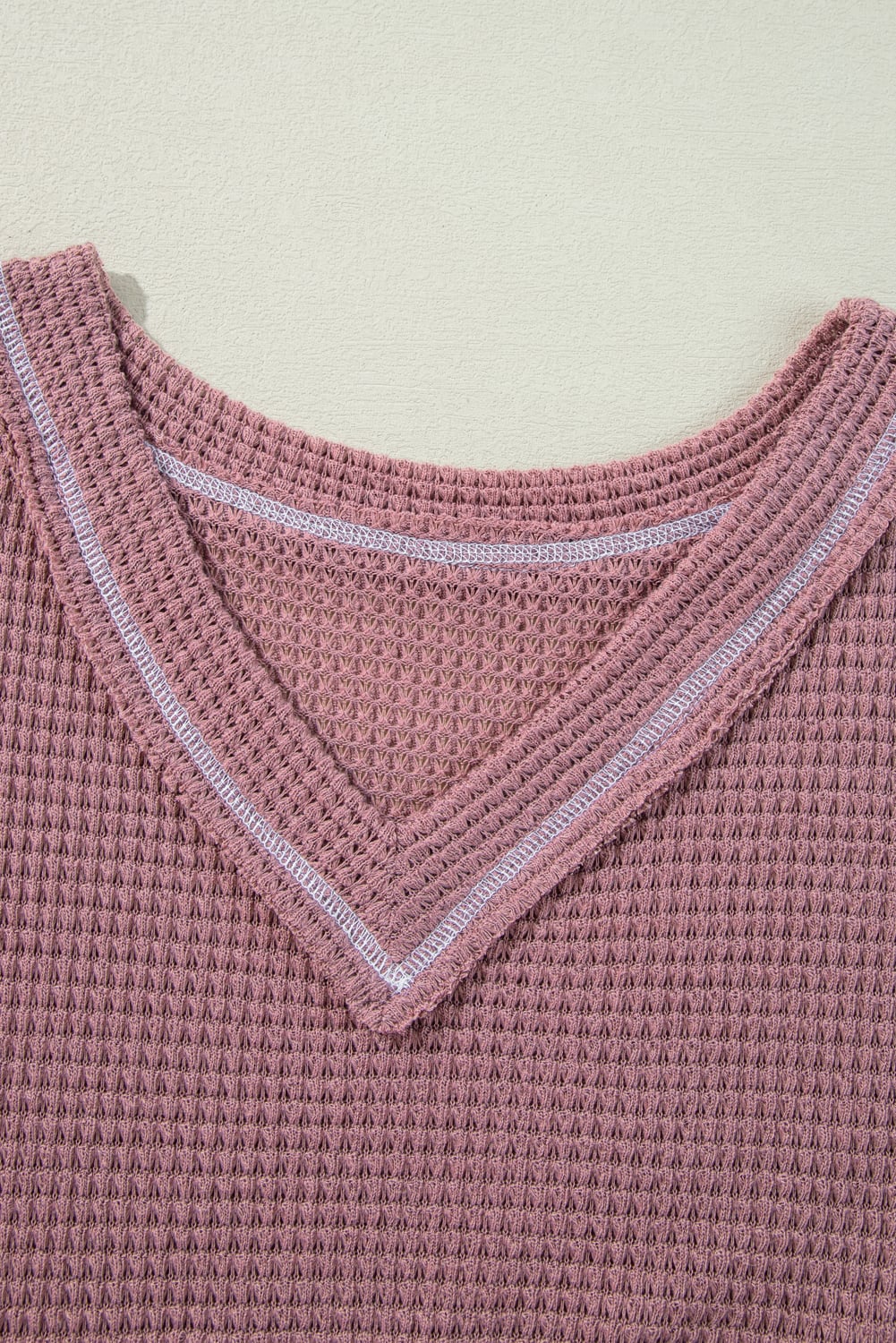 Pink Waffle Knit V Neck Long Sleeve Babydoll Top
