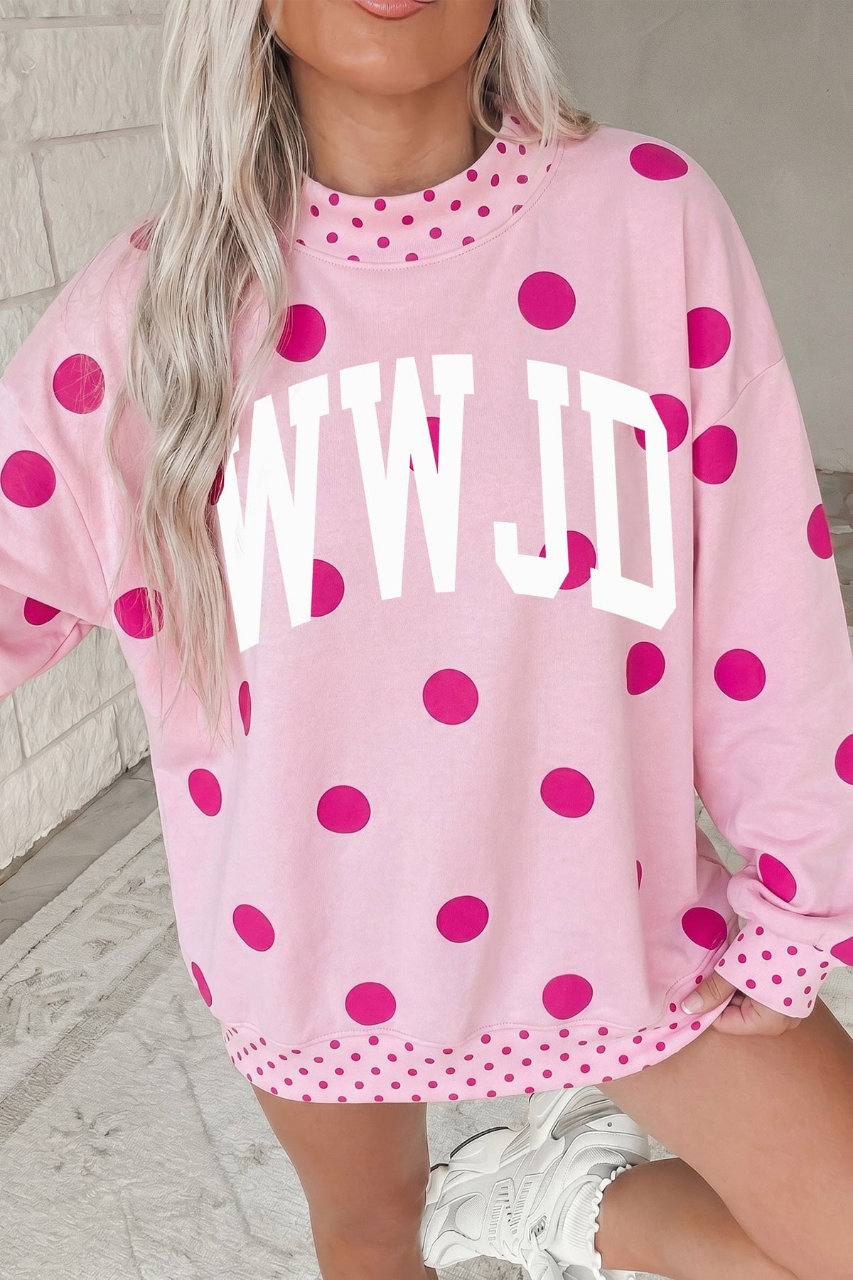 Pink WWJD Polka Dot Mock Neck Pullover Sweatshirt
