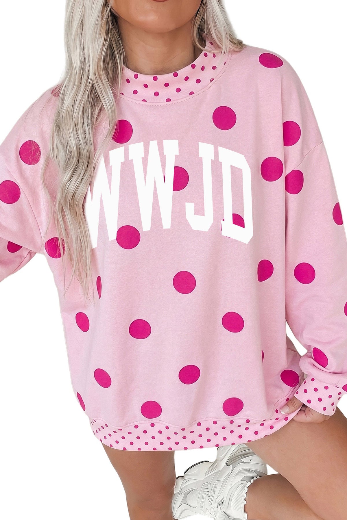 Pink WWJD Polka Dot Mock Neck Pullover Sweatshirt