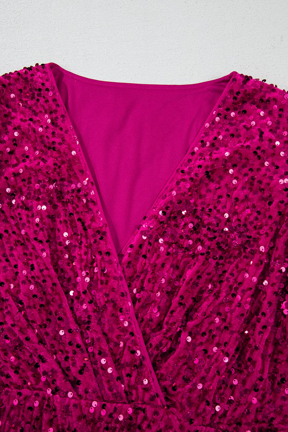 Pitaya Pink Velvet Sequin Long Sleeve V Neck Wrapped Mini Dress