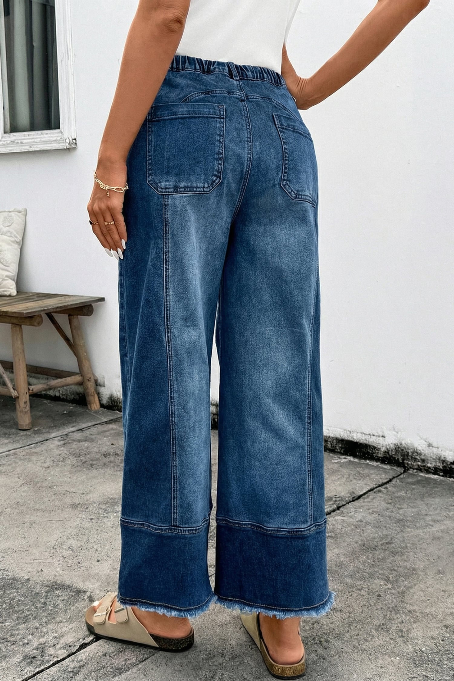 Prussian Blue Drawstring Seam Detail Raw Hem Wide Leg Denim Pants