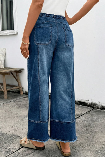 Prussian Blue Drawstring Seam Detail Raw Hem Wide Leg Denim Pants