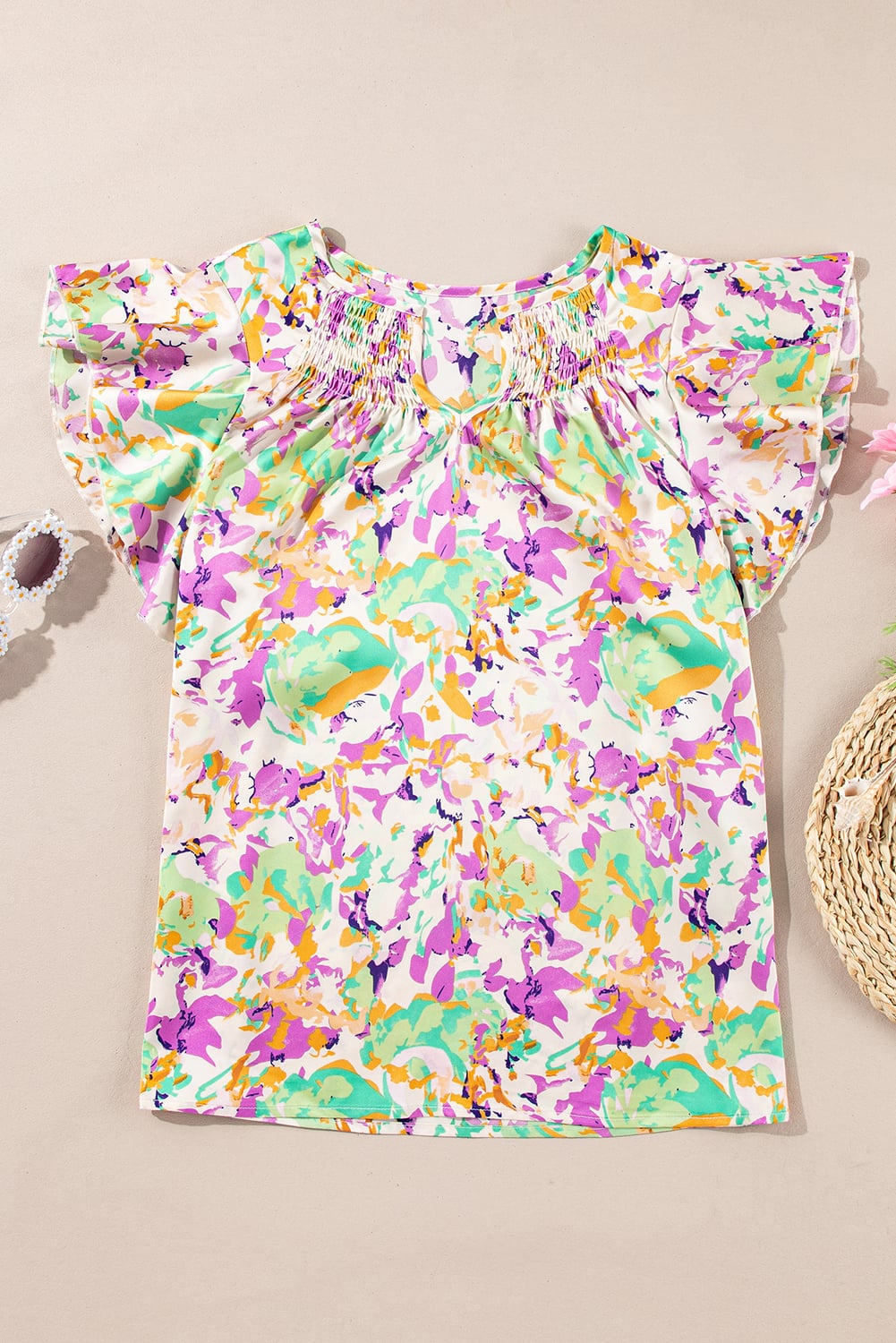 Purple Abstract Printed Ruffled Short Sleeve Notched Neck Blouse