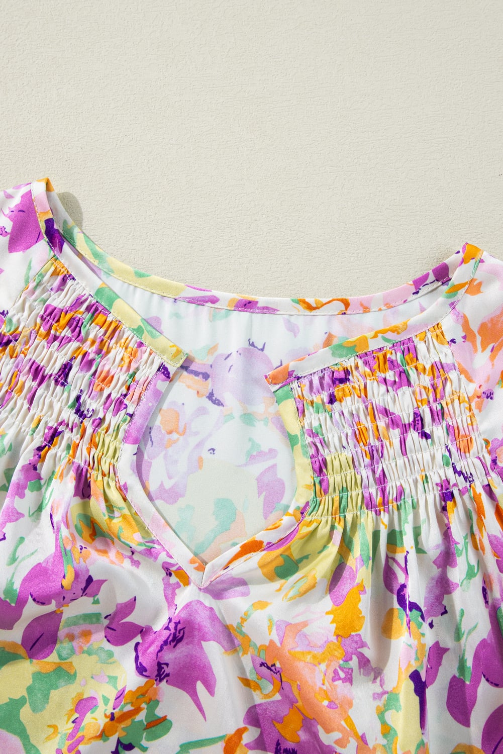 Purple Abstract Printed Ruffled Short Sleeve Notched Neck Blouse