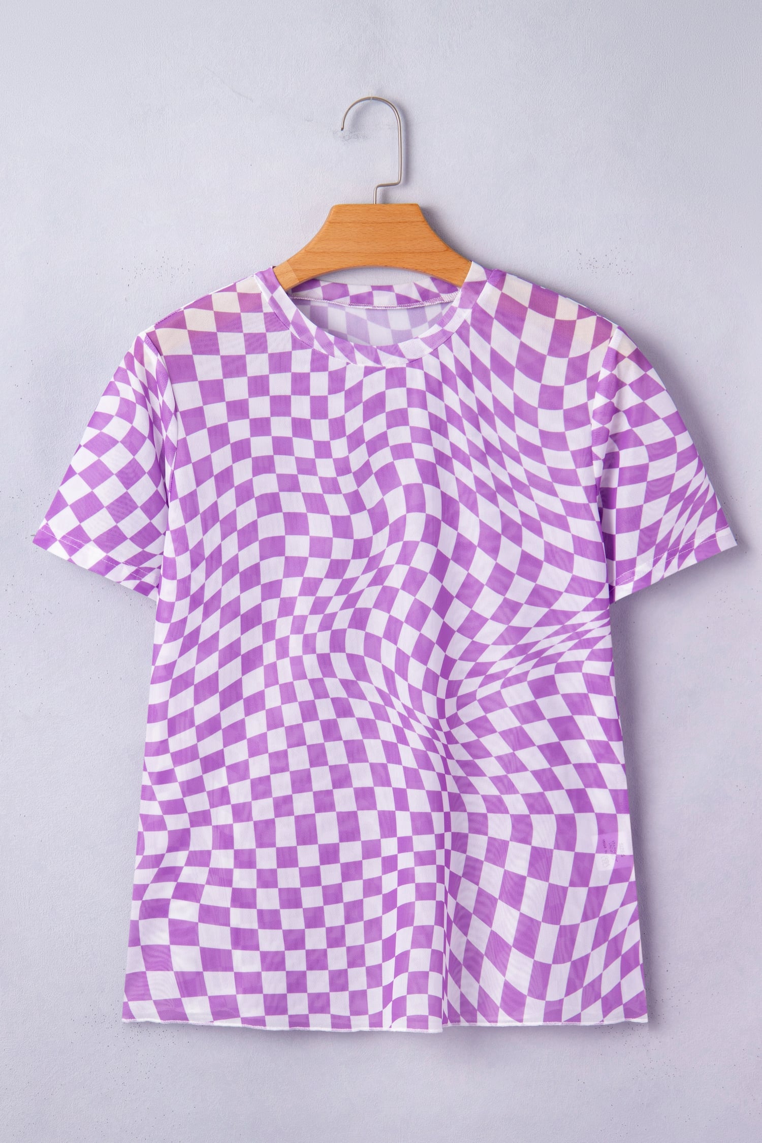 Purple Checkered Print Crew Neck Mesh T Shirt