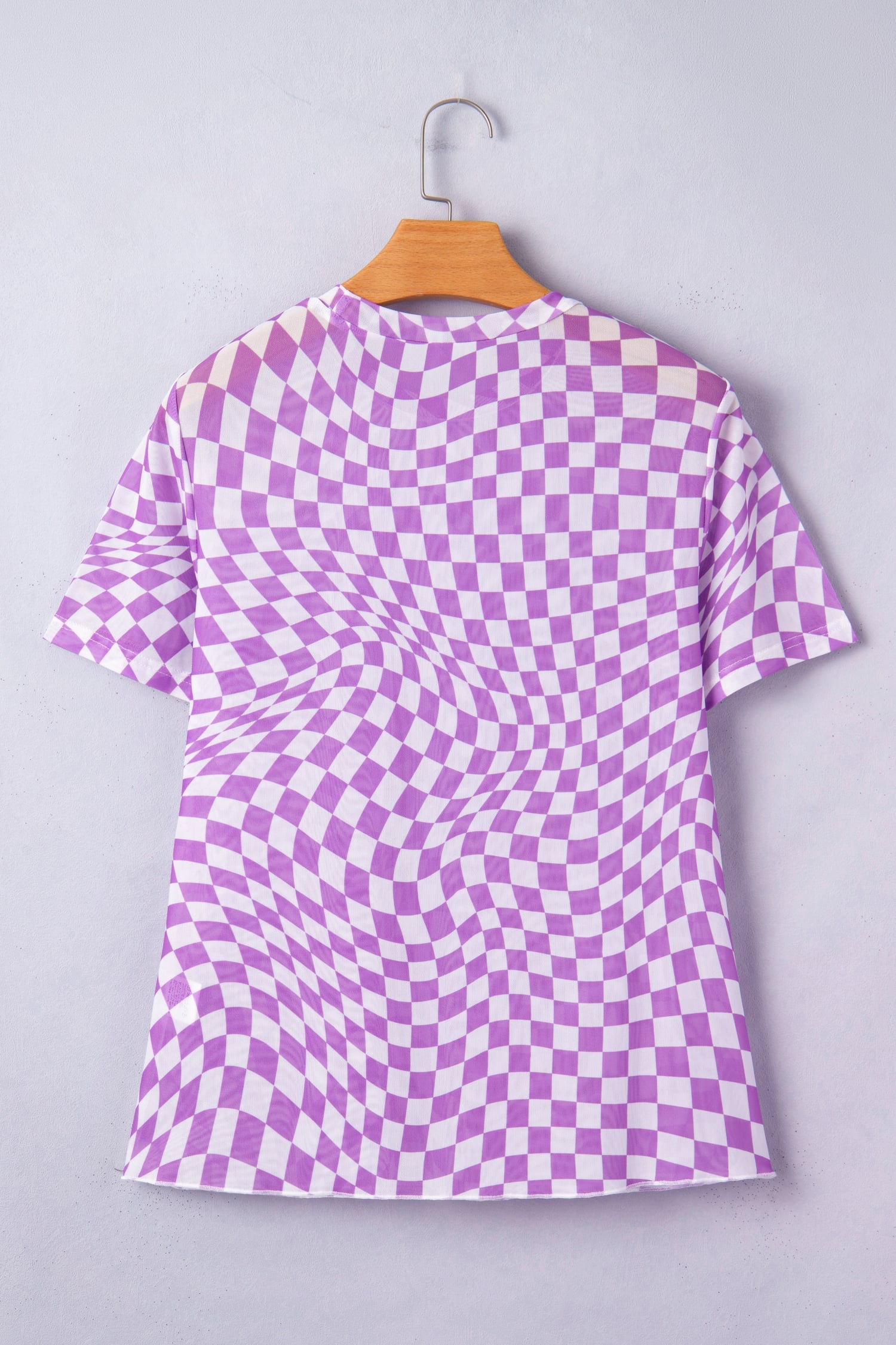 Purple Checkered Print Crew Neck Mesh T Shirt