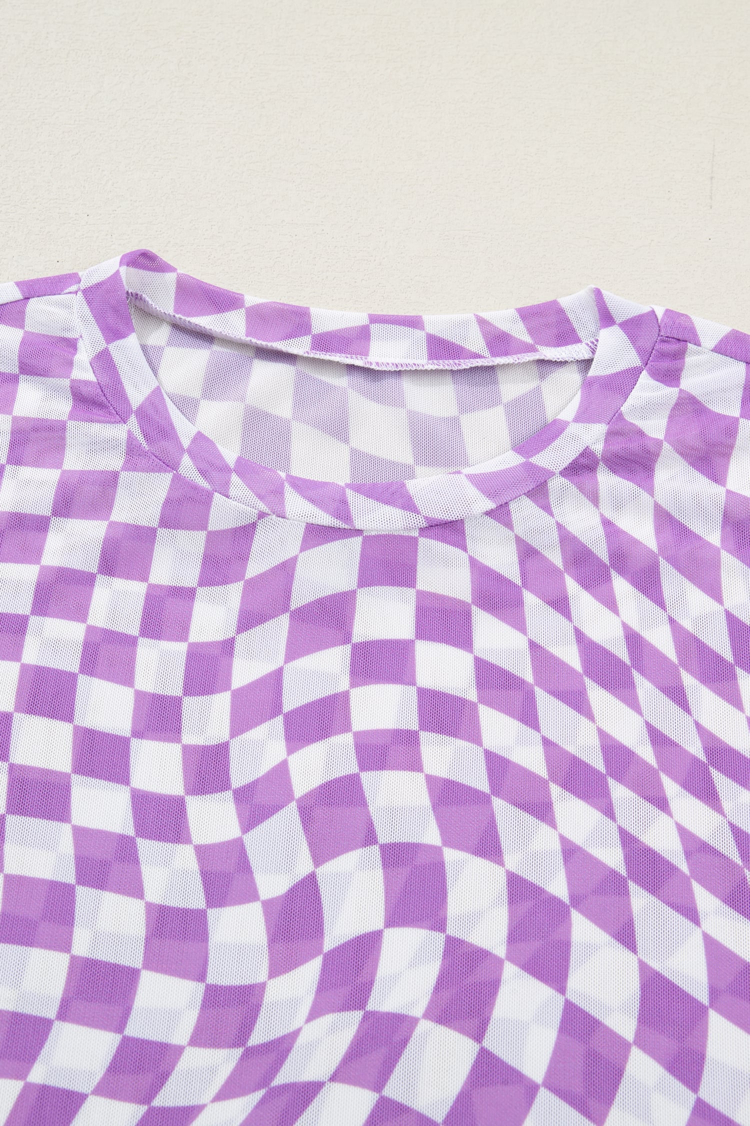 Purple Checkered Print Crew Neck Mesh T Shirt