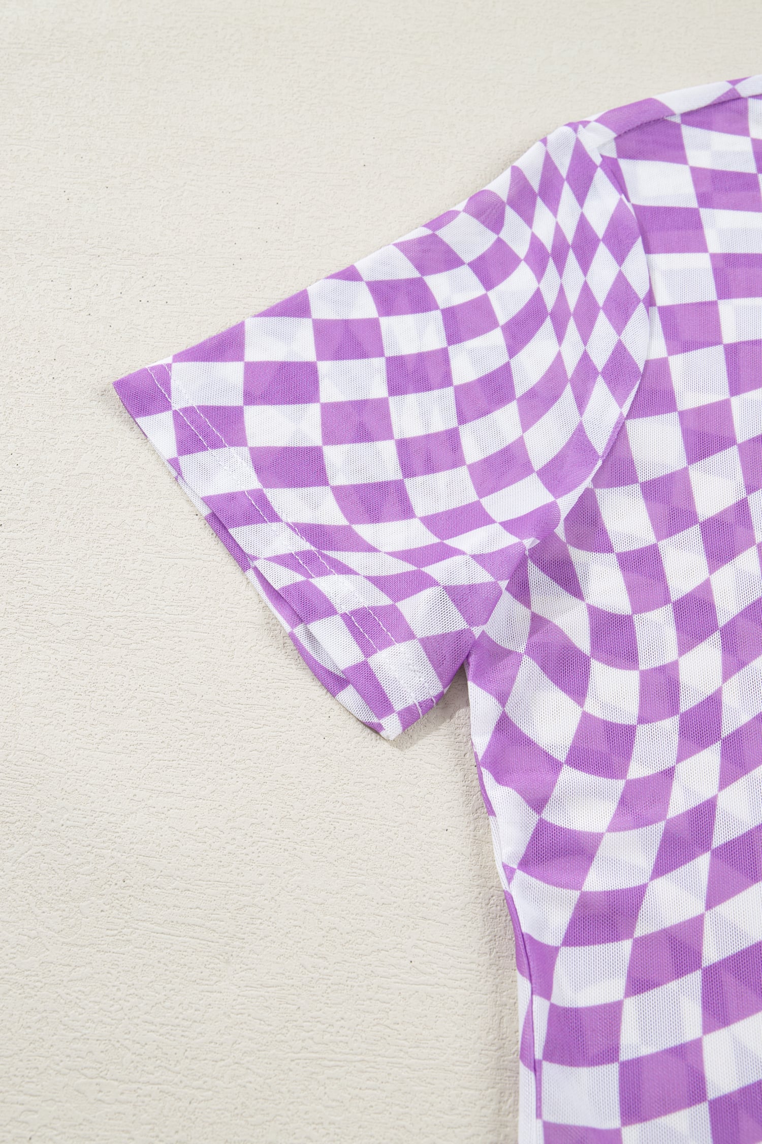 Purple Checkered Print Crew Neck Mesh T Shirt