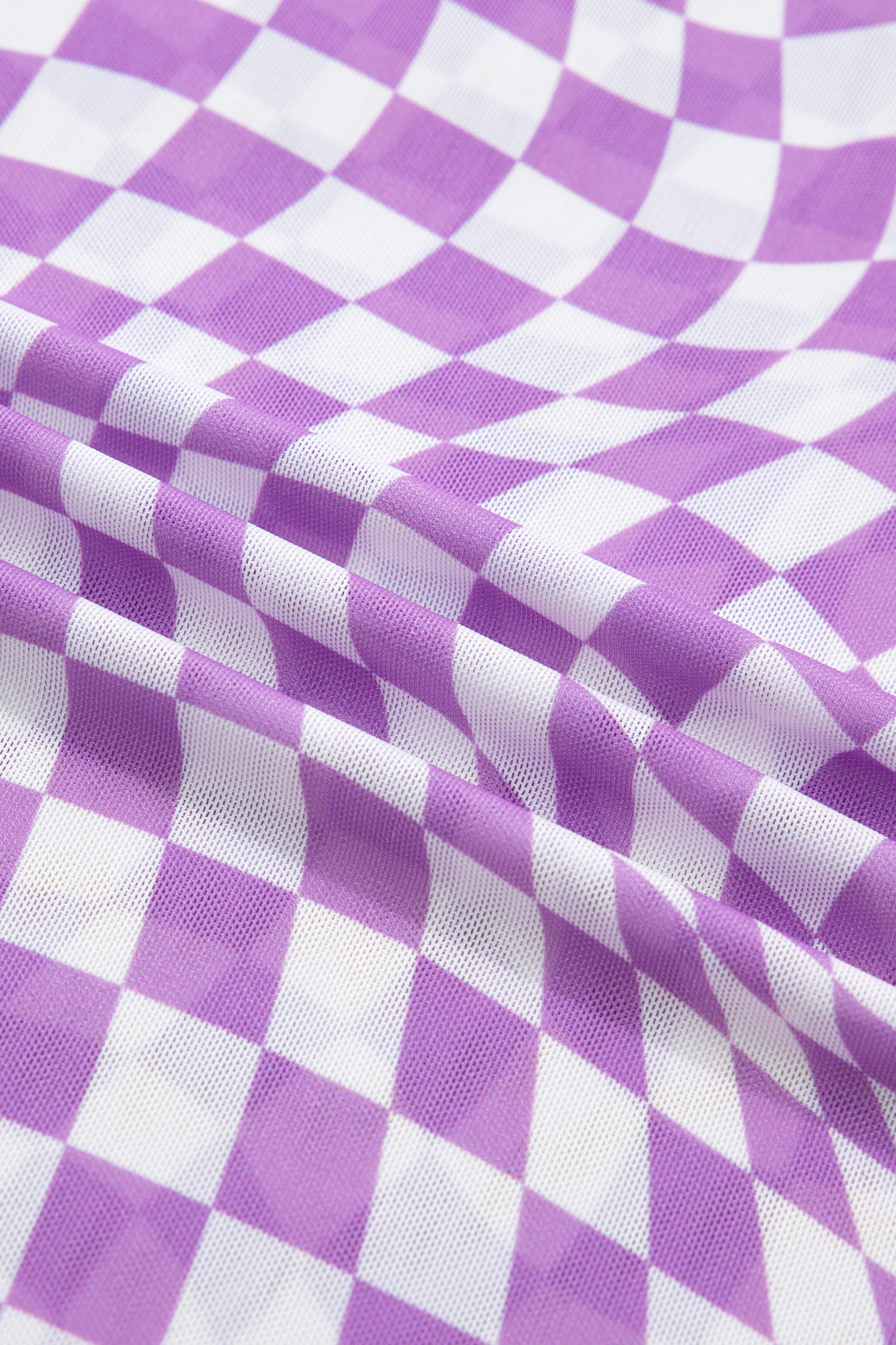 Purple Checkered Print Crew Neck Mesh T Shirt