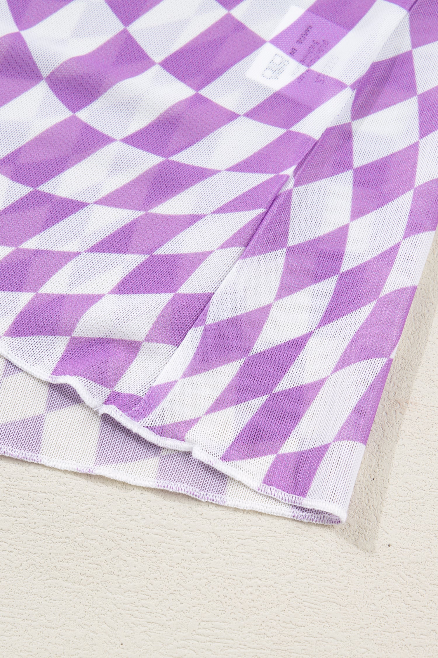 Purple Checkered Print Crew Neck Mesh T Shirt
