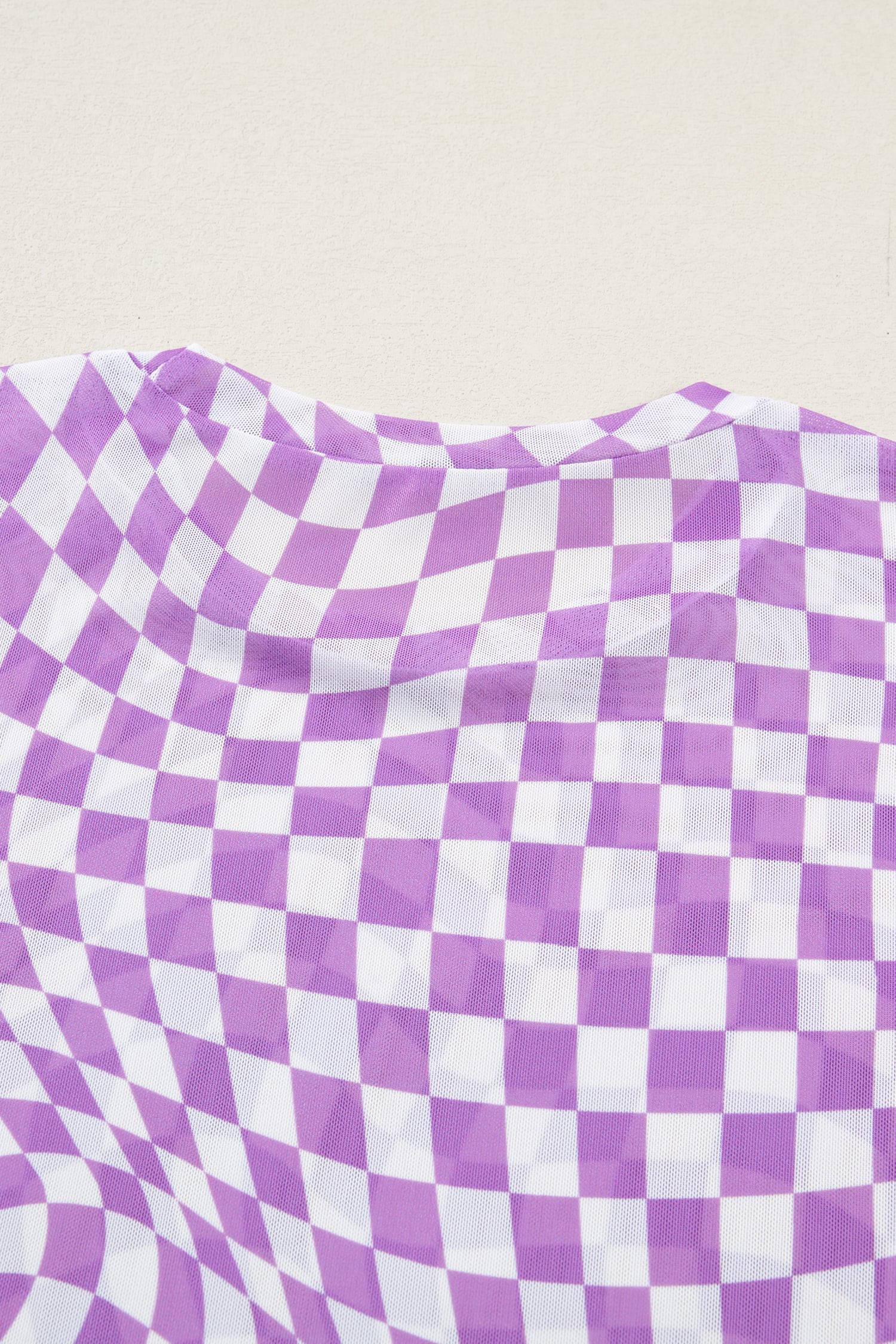 Purple Checkered Print Crew Neck Mesh T Shirt