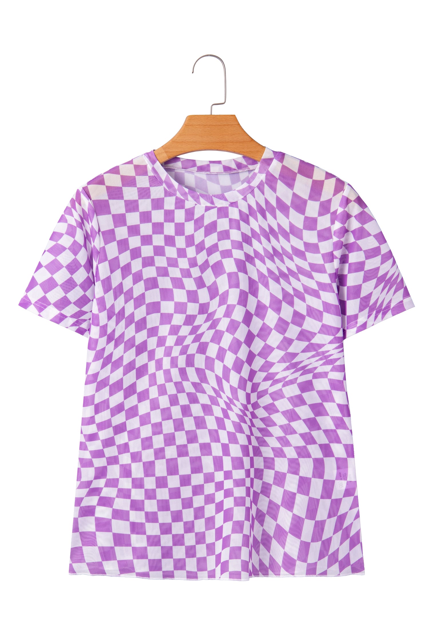 Purple Checkered Print Crew Neck Mesh T Shirt